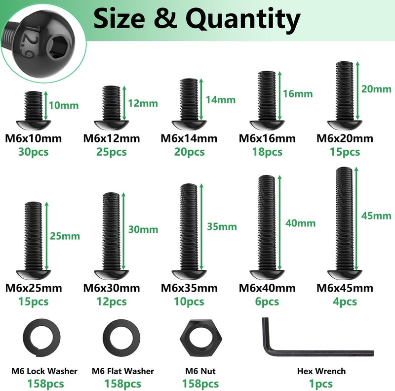 Twidec /633PCS M6 Bolt Assortment Kit 12.9 Grade M6x10/12/14/16/20/25/30/35/40/45mm Button Head Hex Socket Cap Screws Metric Bolts Nuts Washer Assortment Kit Black Alloy Steel N-103-633PCS - Image 3